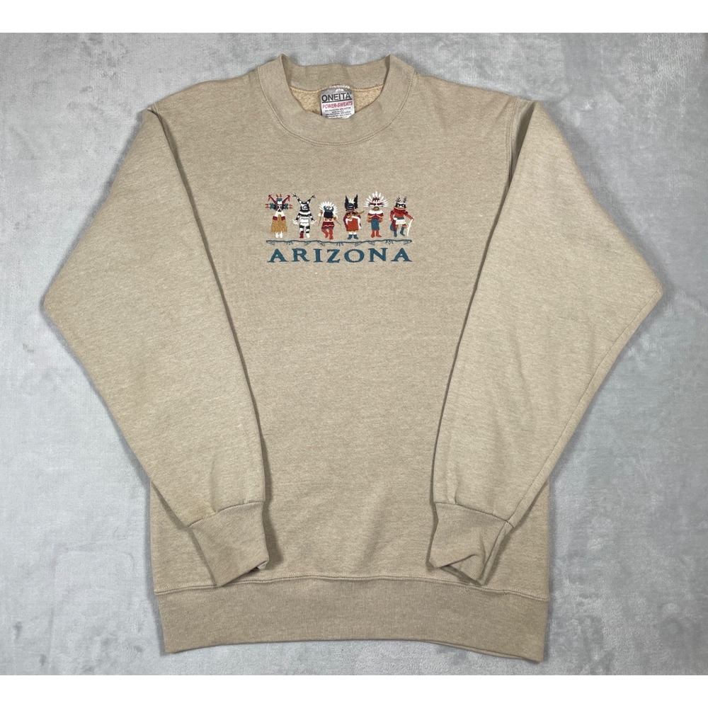Vintage 90s Arizona Sweatshirt Men Small Beige Embroidered Kachina Southwest USA